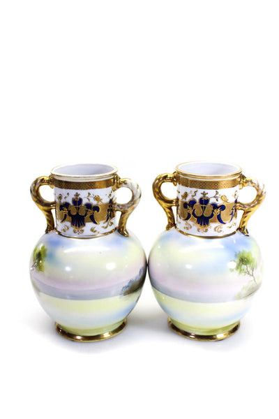 Noritake hand Painted Village Water Scenic Porcelain Vase Pair Stamped