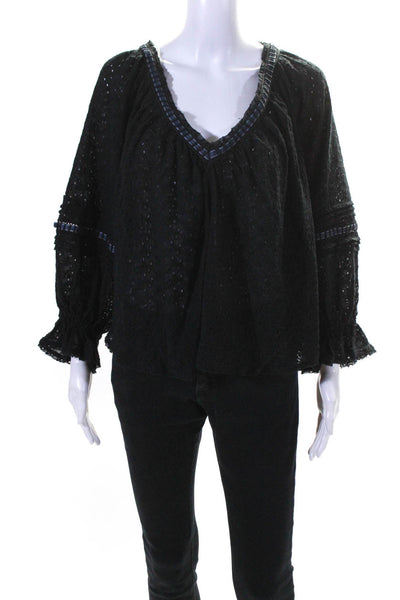 Free People Womens Cotton Textured Round Neck Long Sleeve Blouse Black Size M