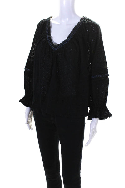 Free People Womens Cotton Textured Round Neck Long Sleeve Blouse Black Size M