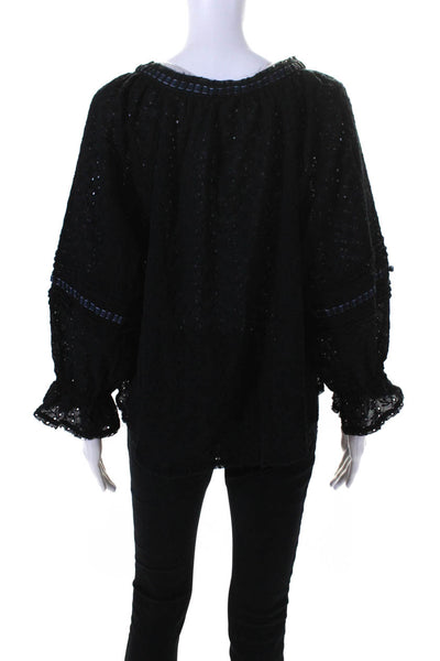 Free People Womens Cotton Textured Round Neck Long Sleeve Blouse Black Size M