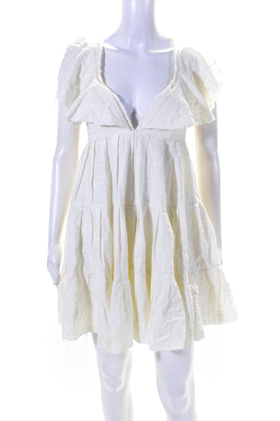 Free People Womens Cotton Striped Smocked Tied Ruffled Tiered Dress White Size S