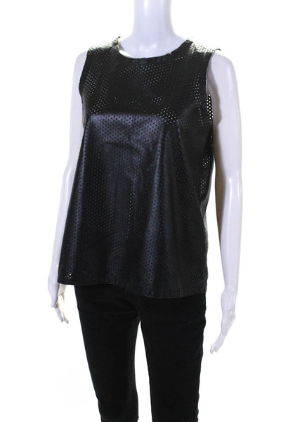 Blue Les Copains Womens Perforated Sleeveless Leather Top Blouse Black Size IT40