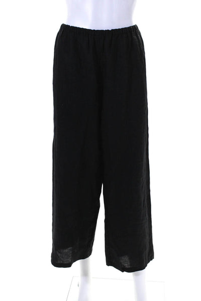 John Patrick Womens Mid Rise Elastic Waist Wide Leg Pants Black Linen Size XL