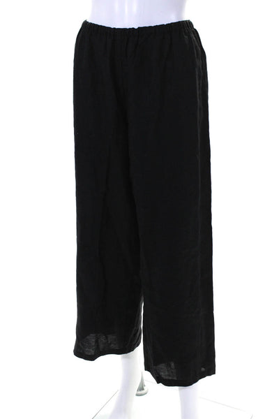 John Patrick Womens Mid Rise Elastic Waist Wide Leg Pants Black Linen Size XL