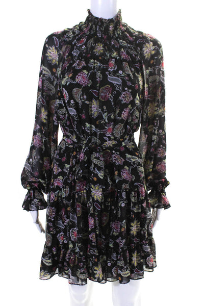 Cinq A Sept Womens FLoral Smocked Turtleneck Ruffle Hem Shift Dress Black Size 8