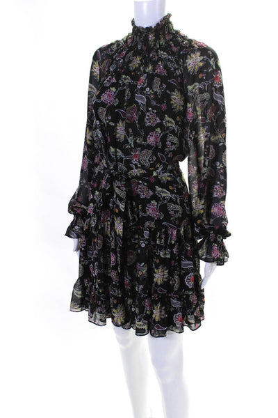 Cinq A Sept Womens FLoral Smocked Turtleneck Ruffle Hem Shift Dress Black Size 8