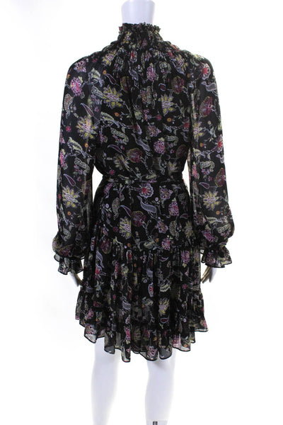 Cinq A Sept Womens FLoral Smocked Turtleneck Ruffle Hem Shift Dress Black Size 8