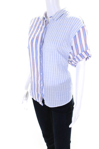 Xirena Women's Collared Short Sleeves Button Down Blue Stripe Shirt Size M