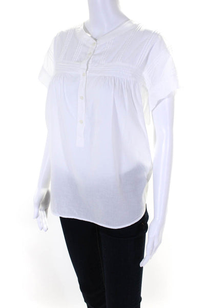 Xirena Women's Round Neck Short Sleeves Cotton Half Button Blouse White Size M