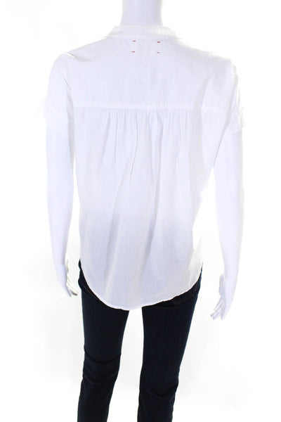 Xirena Women's Round Neck Short Sleeves Cotton Half Button Blouse White Size M