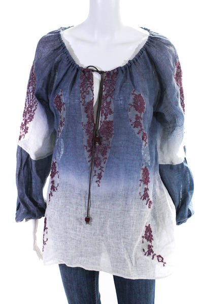 Vanita Rosa Womens Linen Floral Embroidered Long Sleeves Blouse Blue Size Small