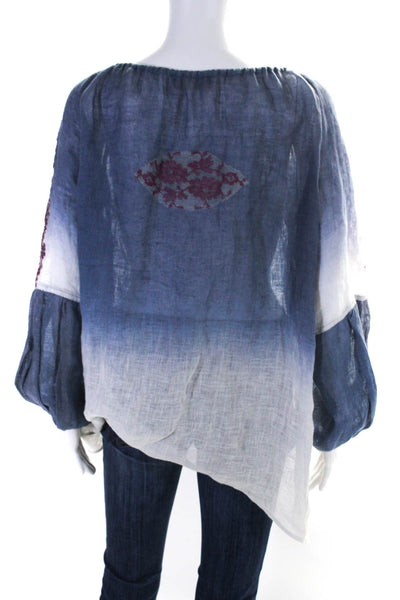 Vanita Rosa Womens Linen Floral Embroidered Long Sleeves Blouse Blue Size Small