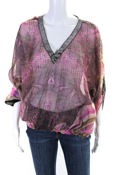 Vanita Rosa Womens Silk Snakeskin Print V Neck Blouse Pink Beige Size Small