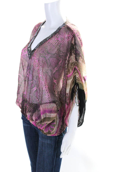 Vanita Rosa Womens Silk Snakeskin Print V Neck Blouse Pink Beige Size Small