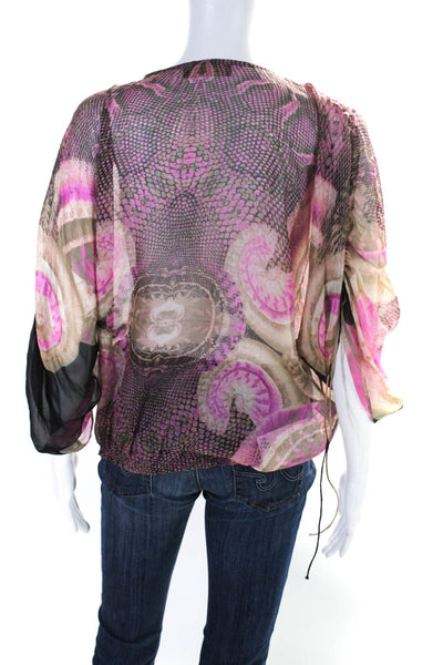 Vanita Rosa Womens Silk Snakeskin Print V Neck Blouse Pink Beige Size Small