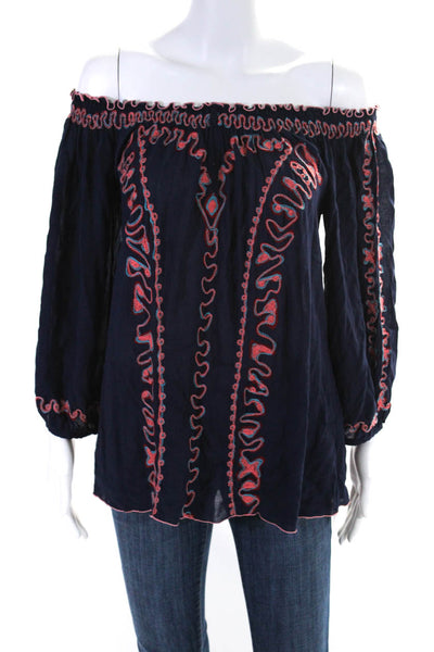 Poupette St. Barth Womens Embroidered Long Sleeves Blouse Navy Blue Size Large