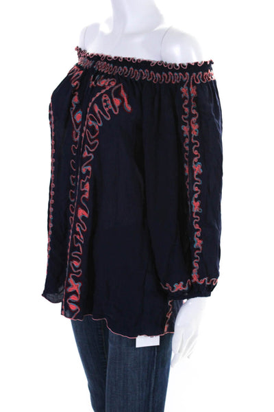 Poupette St. Barth Womens Embroidered Long Sleeves Blouse Navy Blue Size Large