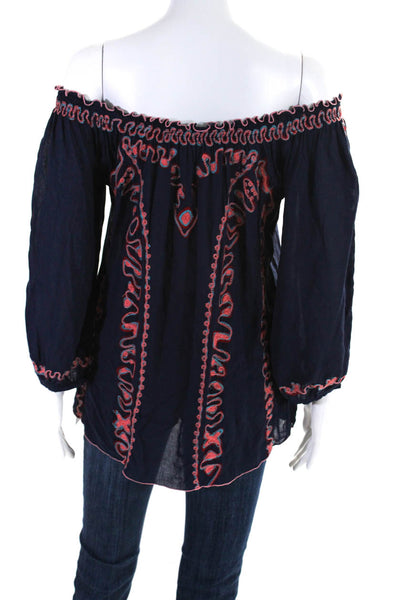 Poupette St. Barth Womens Embroidered Long Sleeves Blouse Navy Blue Size Large