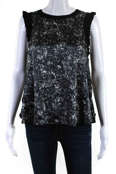 Cinq A Sept Womens Ribbed Knit Trim Printed Silk Top Black White Size Medium