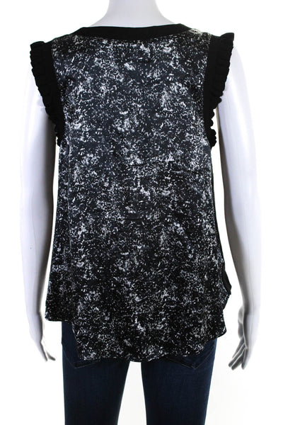 Cinq A Sept Womens Ribbed Knit Trim Printed Silk Top Black White Size Medium