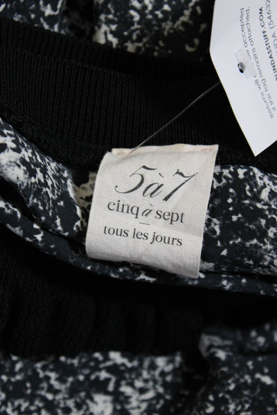 Cinq A Sept Womens Ribbed Knit Trim Printed Silk Top Black White Size Medium