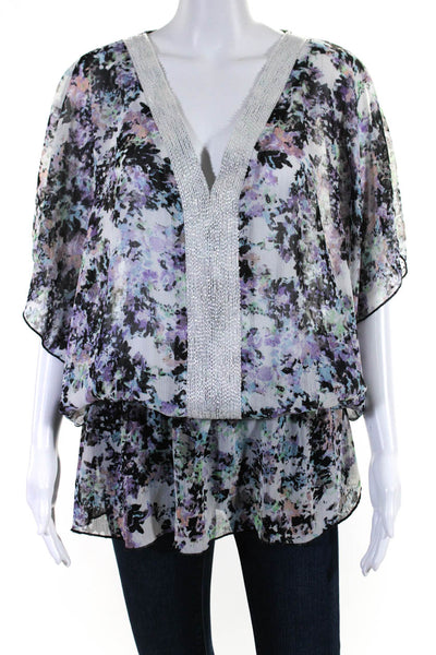 Badgley Mischka Womens Beaded Trim Sheer Floral Blouse White Multi Size Medium