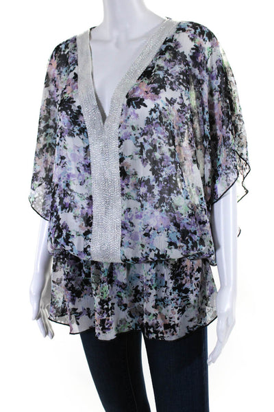 Badgley Mischka Womens Beaded Trim Sheer Floral Blouse White Multi Size Medium