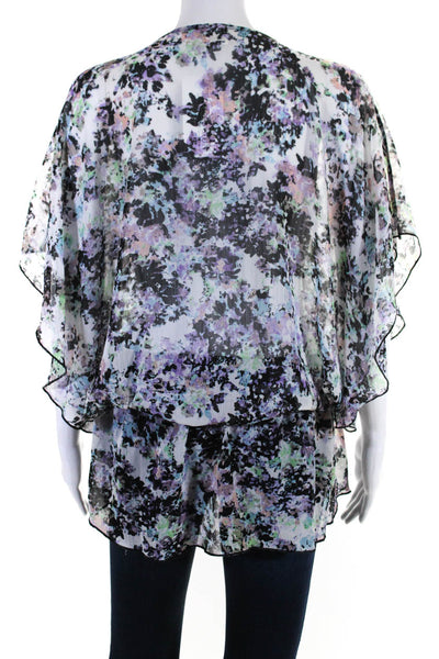 Badgley Mischka Womens Beaded Trim Sheer Floral Blouse White Multi Size Medium