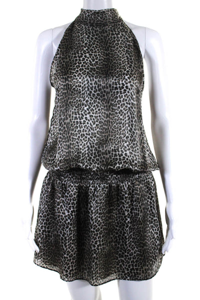 Generation Love Womens Sleeveless Tie Neck Silk Leopard Print Dress Gray Medium