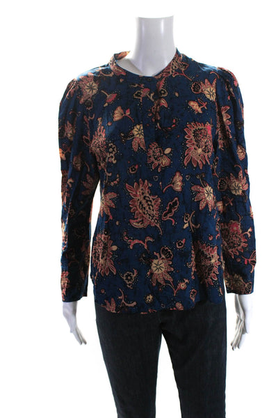 ALC Womens Long Sleeve Floral Button Up Crew Neck Top Blouse Pink Blue Size 6