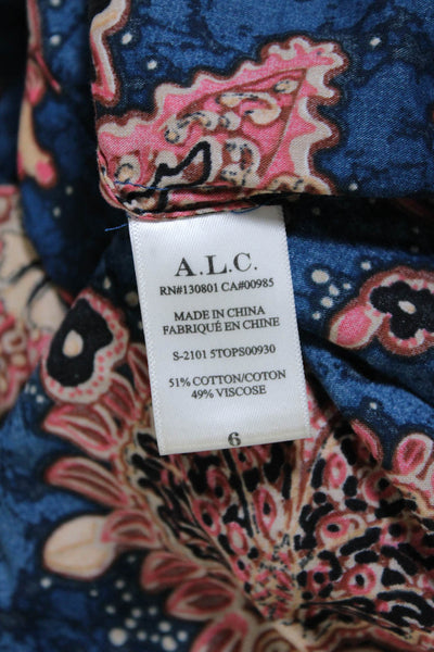 ALC Womens Long Sleeve Floral Button Up Crew Neck Top Blouse Pink Blue Size 6