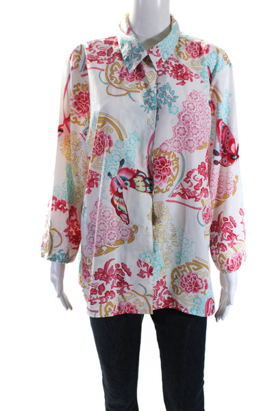 Natori Womens Floral Collared Long Sleeve Button Up Blouse Top White Size XL