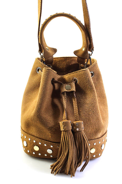 Sandro Womens Suede Studded Adjustable Drawstring Shoulder Bucket Bag Beige