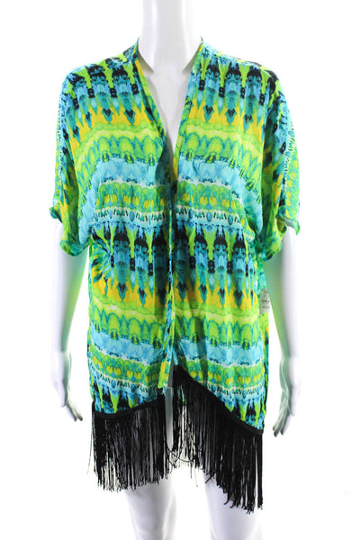 Romeo + Juliet Couture Womens Tie Dye Print Fringe Trim Coverup Green Size M