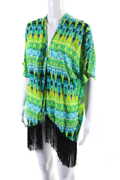 Romeo + Juliet Couture Womens Tie Dye Print Fringe Trim Coverup Green Size M