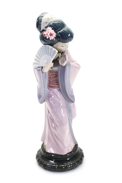 Lladro Porcelain Timid Geisha With Fan Stamped Desk Figurine Pink Grey