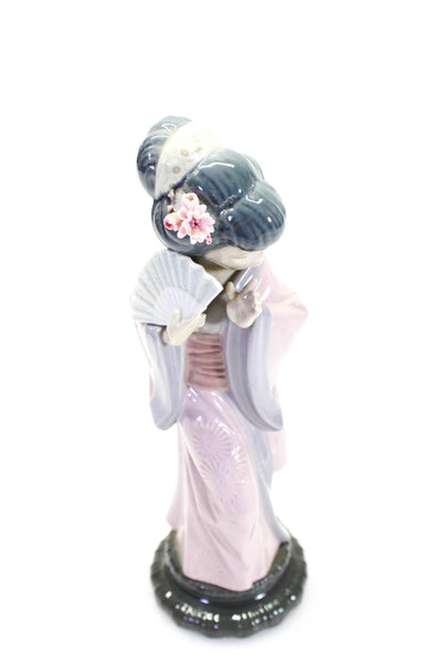 Lladro Porcelain Timid Geisha With Fan Stamped Desk Figurine Pink Grey