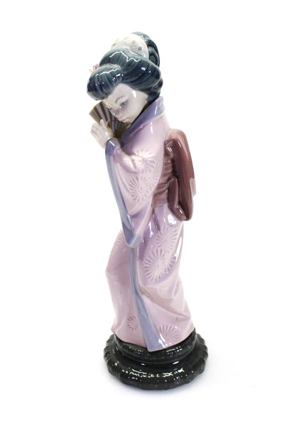 Lladro Porcelain Timid Geisha With Fan Stamped Desk Figurine Pink Grey