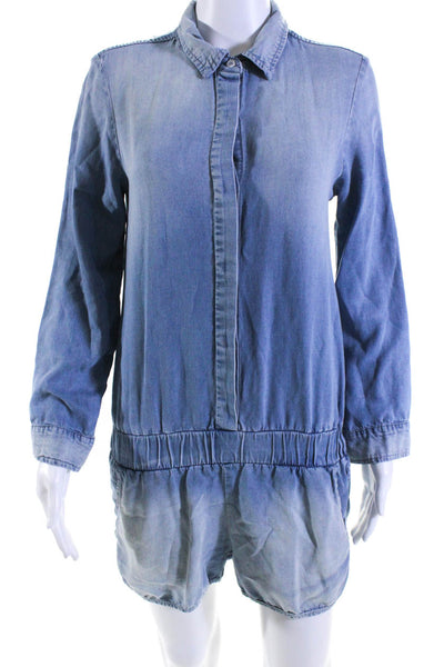 Monrow Womens Long Sleeve Chambray Collared Button Up Romper Blue Size Small