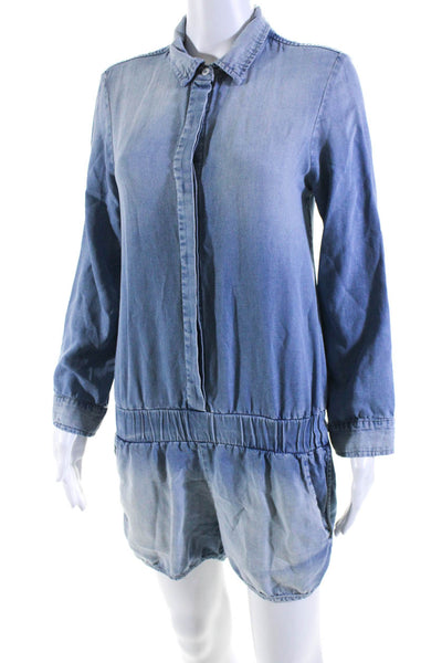 Monrow Womens Long Sleeve Chambray Collared Button Up Romper Blue Size Small