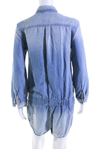 Monrow Womens Long Sleeve Chambray Collared Button Up Romper Blue Size Small