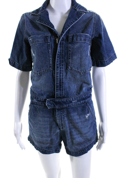 DL1961 Womens Short Sleeve Distressed Denim Button Up Romper Blue Size XS