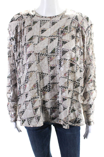 Isabel Marant Womens Silk Geometric Round Neck Buttoned Blouse Beige Size EUR34