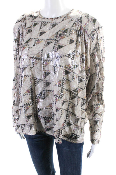 Isabel Marant Womens Silk Geometric Round Neck Buttoned Blouse Beige Size EUR34