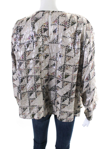 Isabel Marant Womens Silk Geometric Round Neck Buttoned Blouse Beige Size EUR34