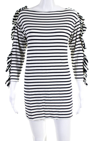 Thread Social Womens Long Sleeve Ruffle Trim Striped Dress White Black Size S