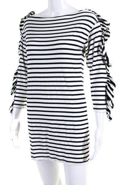 Thread Social Womens Long Sleeve Ruffle Trim Striped Dress White Black Size S