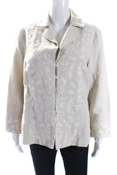 J Jill Womens Linen Embroidered Collared Button Up Blouse Top Beige Size 16