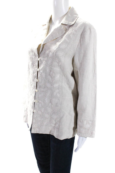 J Jill Womens Linen Embroidered Collared Button Up Blouse Top Beige Size 16