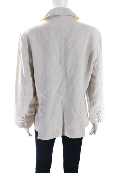 J Jill Womens Linen Embroidered Collared Button Up Blouse Top Beige Size 16